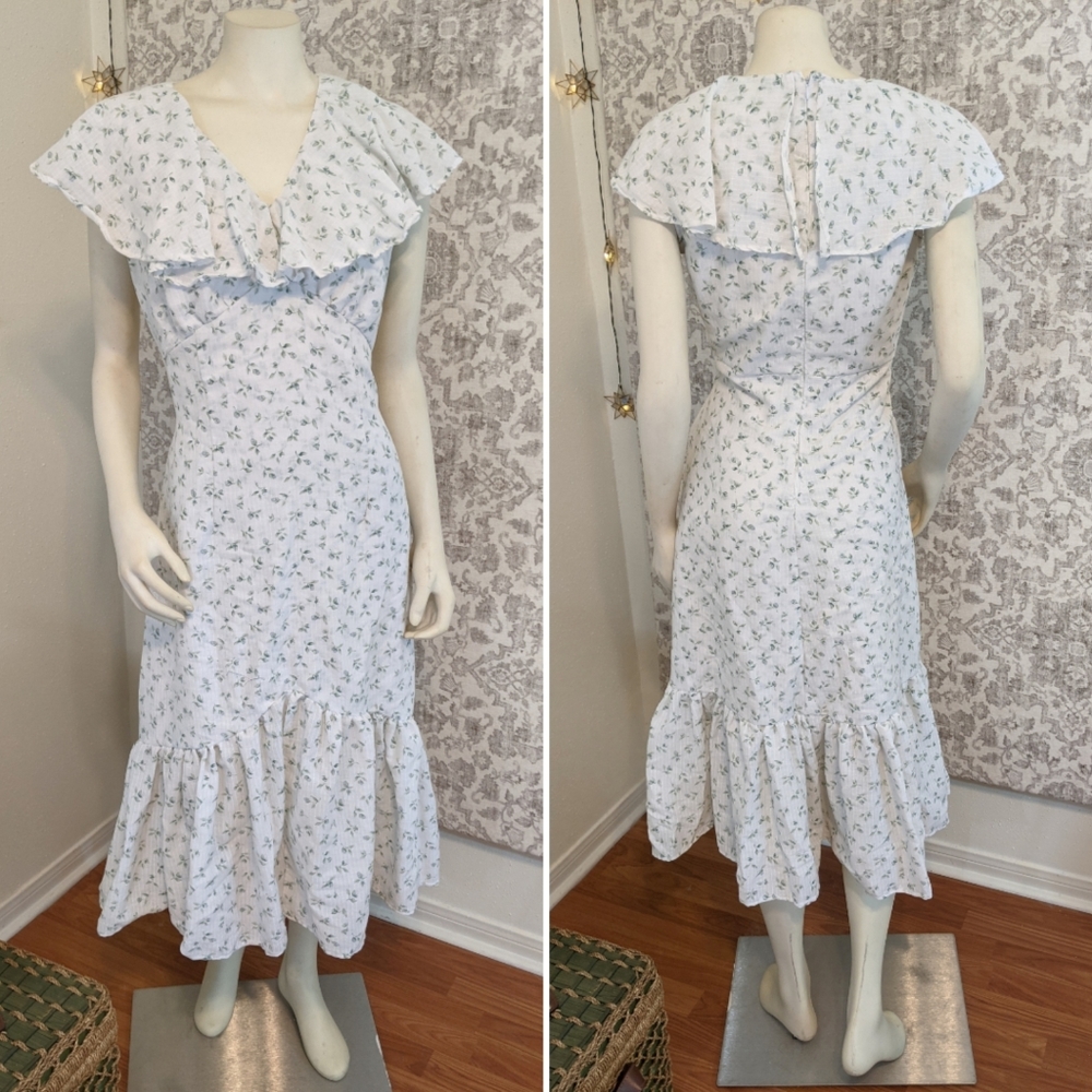 Handmade White Ditsy Floral Ruffle Neck Summer Cotton Midi Dress